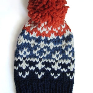 Ski Sweater Pom Pom Hat Fair Isle Print in Dark blue, Medium Blue and Orange image 3