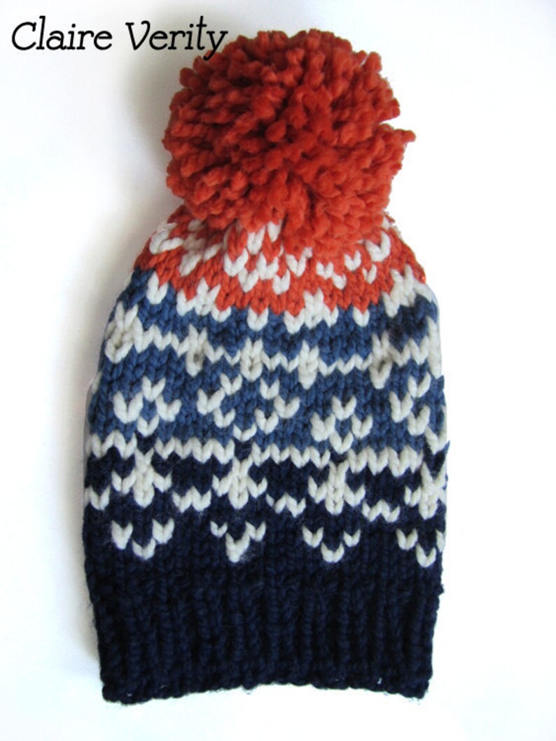 Ski Sweater Pom Pom Hat Fair Isle Print in Dark blue, Medium Blue and Orange image 3