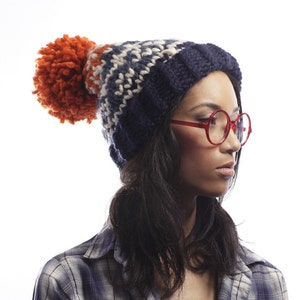 Ski Sweater Pom Pom Hat Fair Isle Print in Dark blue, Medium Blue and Orange image 1