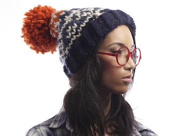 Ski Sweater Pom Pom Hat - Fair Isle Print in Dark blue, Medium Blue and Orange