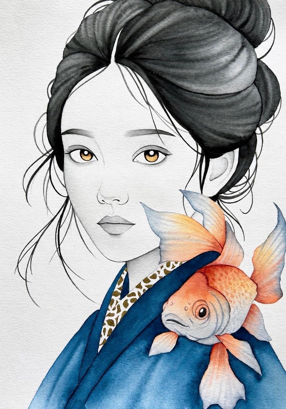 Original Watercolor Painting of Asian Woman with Goldfish Oriental Wall Art Japanese Decor Handmade Cotton Paper Artwork