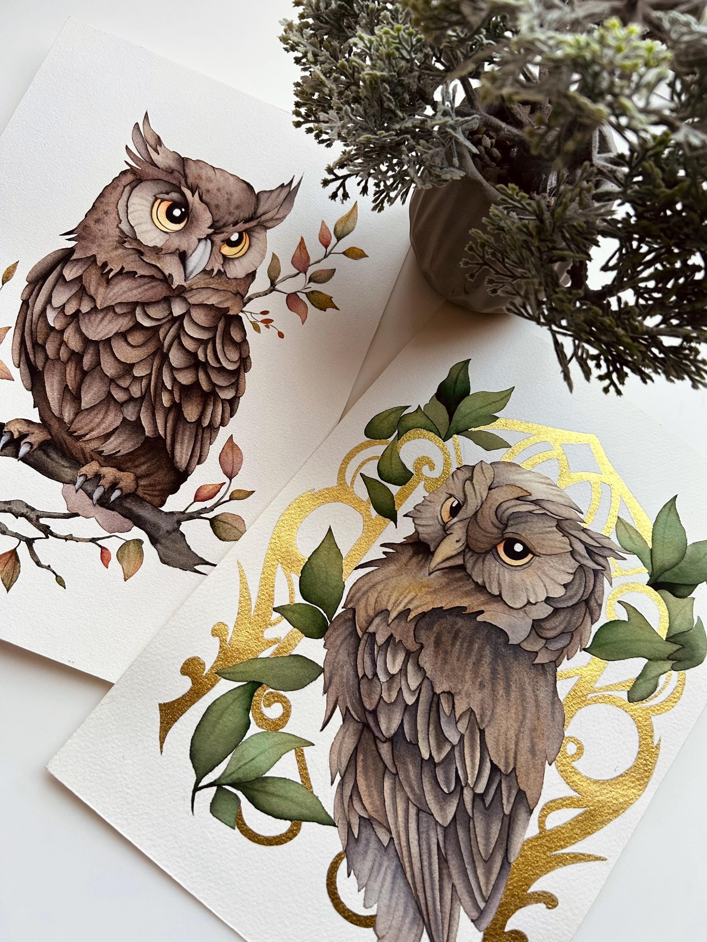 Original Owl Diptych Watercolor Painting, Symbolic Nature-Inspired Art
