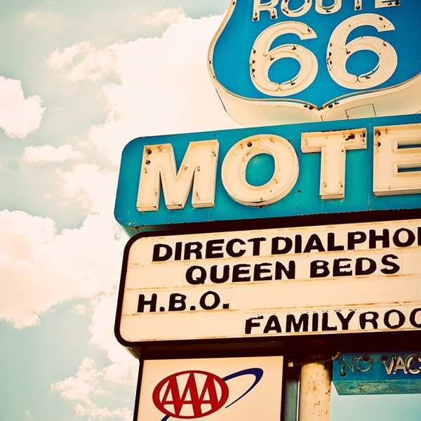 50% OFF SALE - Vintage Route 66 Motel Neon Sign - Seligman Arizona - Graphic Home Decor - Pastel Teal Wall Art - 8X12 Fine Art Photograph