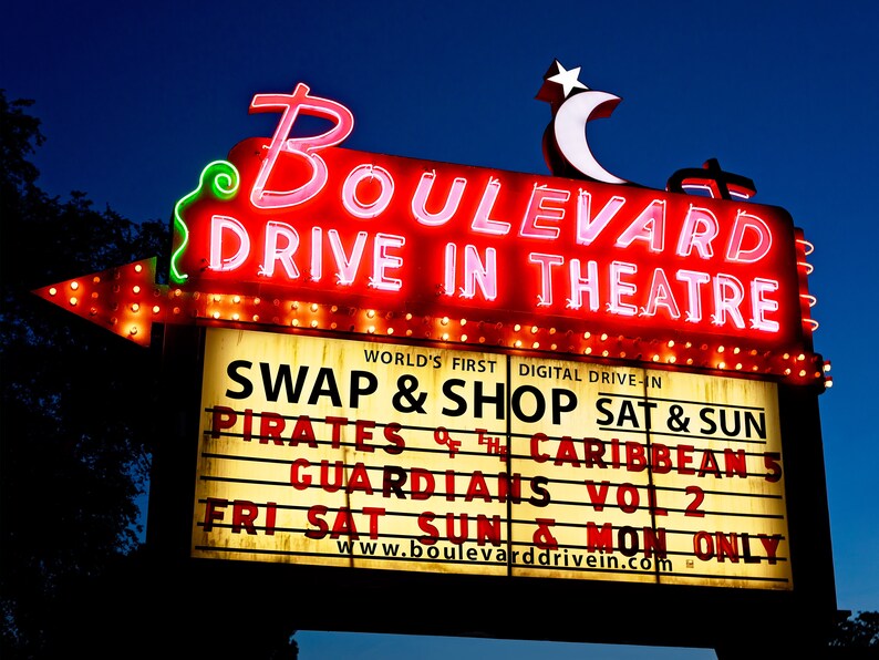 Drive In Theatre Print Neon Sign Art Drive In Sign Kansas Etsy