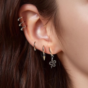 May include: Close-up of an ear with multiple silver earrings. Three small hoops are in the upper ear, while two hoops dangle below, one with a small triangle charm and the other with a snake charm.