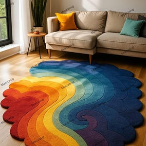 Rainbow Wavy Rug | Colorful Tufted Carpet | Groovy Abstract Area Rug | Handmade Vibrant Room Decor | Kids Playroom Rug | Modern Funky