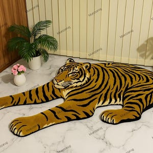 Tiger Shaped Rug | Realistic Animal Carpet | Handmade Tufted Tiger Floor Mat | Jungle Theme Home Decor | Wild Cat Rug