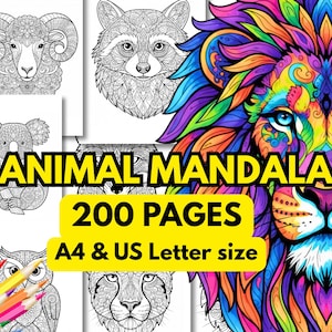 Puede incluir: Un libro para colorear con mandalas de animales. La portada presenta una vibrante ilustración de un león multicolor. El texto "ANIMAL MANDALA" se muestra en amarillo, junto con "200 PAGES" y "A4 & US Letter size".