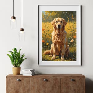 Golden Retriever Wall Art – Digital Download | Dog Printable Poster | Floral Field Pet Portrait | 18x24, 24x30, 24x36 PNG Files