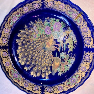 Vintage Moroccan Taous Plate 1970 , Hand-Painted Blue, Gold Peacock Decor, Authentic Ceramic for Serving, Display
