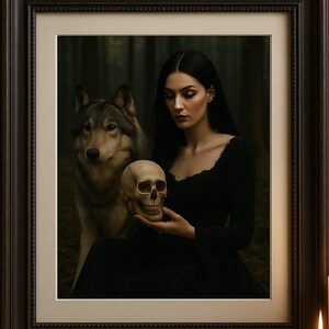 Gothic Forest Art Print – Dark Woman with Skull and Wolf – Witchy Wall Decor – Mystical Printable Poster
