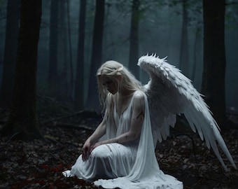 Fallen White Angel Set | Dark Fantasy Angel Wall Art | Cinematic Wings Poster | Emotional Gothic Decor