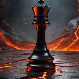 May include: A black chess king piece with a cross on top, set against a fiery, lava-like background. The piece is highly detailed, with a glossy finish, and sits on a cracked, stone surface. The scene evokes a sense of power and strategy.