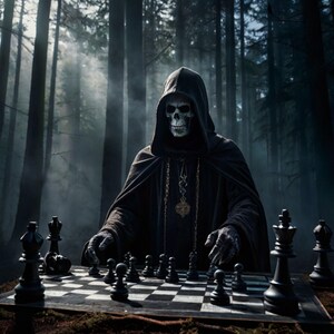 May include: A hooded figure with a skull face plays chess in a forest. The black chess pieces are arranged on a chequered board. The figure wears a black cloak and is surrounded by trees.