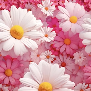 May include: A vibrant floral arrangement featuring a mix of white and pink daisies. The large white daisies with yellow centers are interspersed with smaller pink flowers, creating a dense, colorful pattern. The image has a soft, romantic feel.