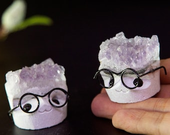 Amethyst Crystal Hedgehog Figurine with Glasses - Handmade Desk Decor