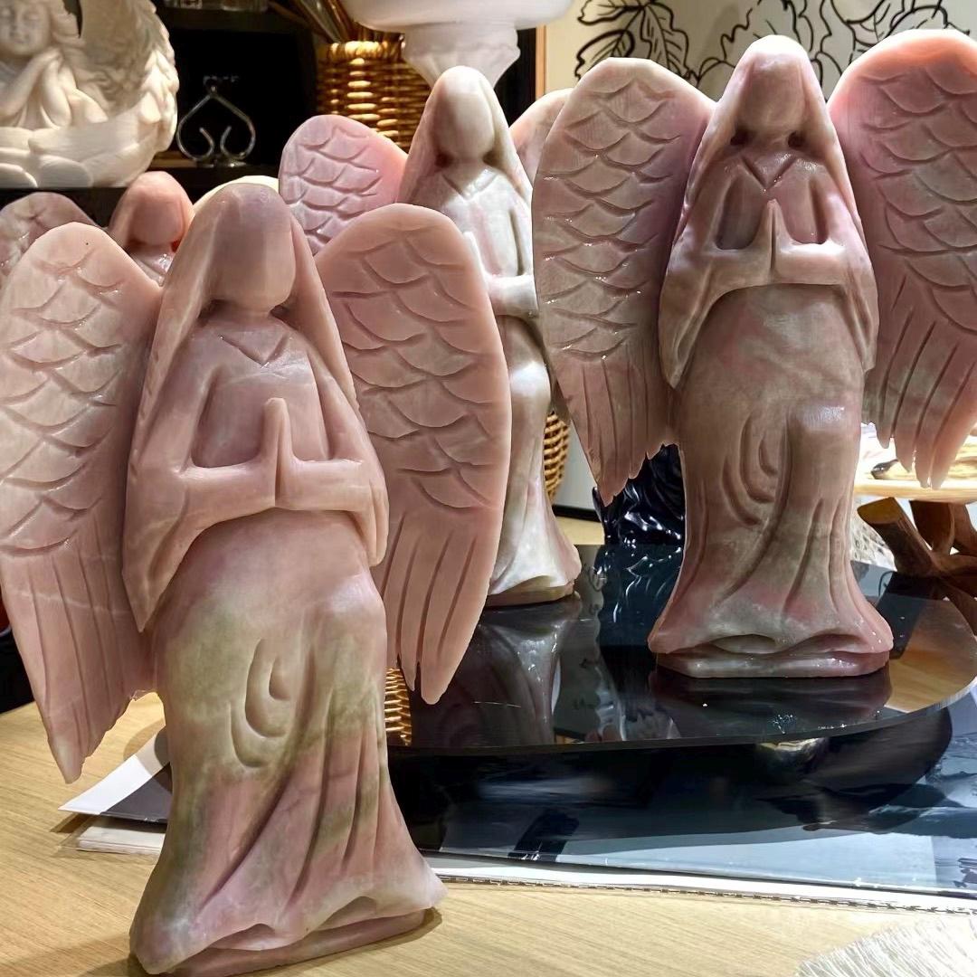 手彫りのピンクオパール守護天使像、スピリチュアルな装飾（20 cm
