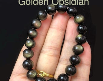 Golden Obsidian Bracelet: Natural Crystal Beads for Protection & Confidence