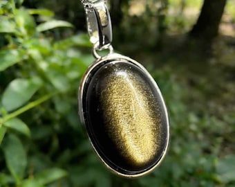 Natural Gold Sheen Obsidian Pendant | Copper Setting with 925 Silver Chain
