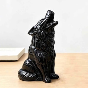 Statuetta di lupo in ossidiana nera intagliata a mano / 13 cm, totem animale di protezione in cristallo