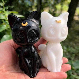 Peut inclure: Deux figurines de chat, une noire et une blanche, sont tenues dans une main. Chaque chat porte un croissant de lune sur le front. Le chat noir a une finition brillante, tandis que le chat blanc a un aspect mat. Le fond est un feuillage vert flou.