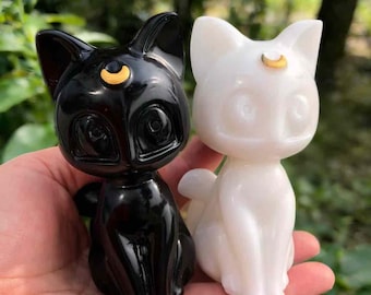 Obsidian White Marble Luna Cat Sculpture | Hand Carved Moon Cat Figurine | Elegant Decor