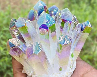 Rainbow Aura heldere kwartscluster: iriserend kristaldecor, energiesteen