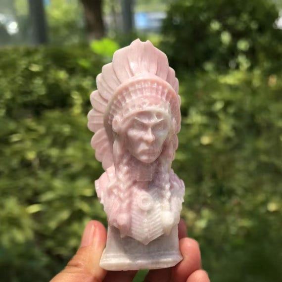 Serpentine & Pink Opal Native American Chief Head Carving, Healing Crystal Decor