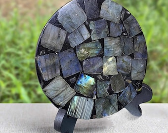 Labradorite Crystal Plate | Round Labradorite Slab + Stand | Divination Disc Healing Decor