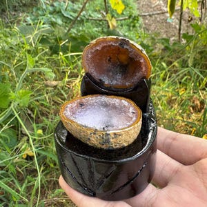 May include: A small, decorative geode fountain. The geode halves are a light brown with a pinkish-purple interior. The base is black and has a leaf-like design. The fountain is held in a hand against a background of green grass.