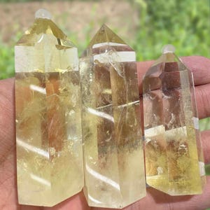 Puede incluir: Tres puntas de cristal de citrino amarillo de varios tamaños. Cada cristal tiene una forma rectangular facetada con una parte superior puntiaguda. Los cristales son translúcidos, con estructuras e inclusiones internas visibles. Los cristales se sostienen en una mano.