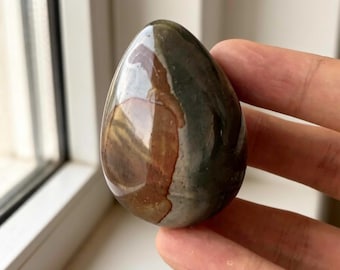 Natural Ocean Jasper Egg, Polished Palm Stone, Altar Decor