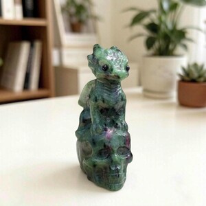 Natural Ruby in Zoisite Dragon on Skull Figurine, Hand Carved Crystal Mythical Creature Statue, Red and Green Zoisite Sculpture,Witchy Gift