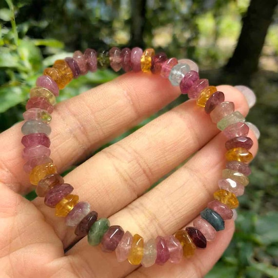 Natural Faceted Tourmaline Bracelet | 6–8mm Disk Beads | Multicolor Gemstone Bracelet