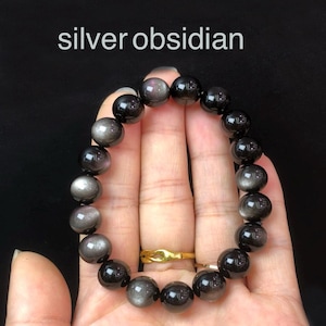 Bracciale in ossidiana naturale d&#39;argento per protezione e radicamento, perle lucide da 8 a 14 mm, gioielli di cristalloterapia, regalo energetico in ossidiana nera