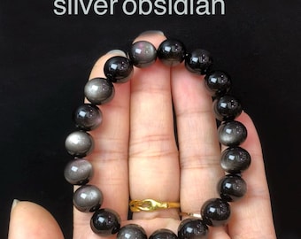 Silver Obsidian Bracelet: Polished Crystal Healing Jewelry, Protection & Grounding