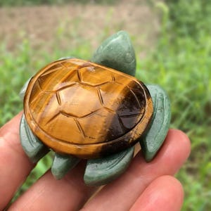 May include: A carved gemstone turtle figurine. The turtle's shell is a warm brown with a striped pattern, while the head and flippers are a muted green. The figurine is held in a hand, with a blurred green background.