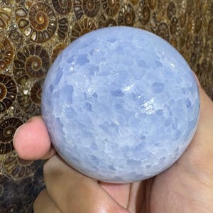 May include: A light blue sphere with a textured surface. The sphere is held in a hand, with a background of brown and tan spiral patterns. The sphere appears to be made of a crystalline material.