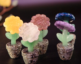 Crystal Sunflower Figurine: Sodalite, Quartz & Jade Flower, Flame Stone Base
