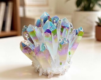 Rainbow Aura Clear Quartz Cluster: Iridescent Crystal Decor, Energy Stone