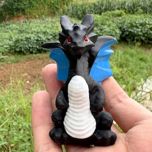 Hand-Carved Obsidian Dragon Figurine, Hand-Painted Black Obsidian Flying Dragon with Blue Wings, Fantasy Crystal Statue, Witch Altar Decor
