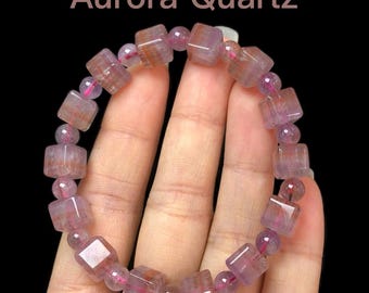 Natural Aurora Quartz Cube Bracelet, Rainbow Crystal Healing