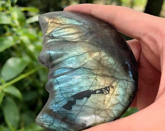 211g Flashy Labradorite Moon, 9.5cm Hand-Carved Crescent Face, Blue Gold Fire Aura Altar Decor