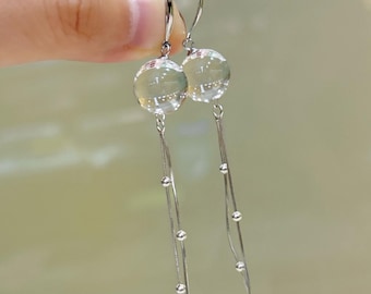 Clear Quartz Dangle Earrings – 925 Sterling Silver Bubble & Tassel, Healing Crystal Jewelry