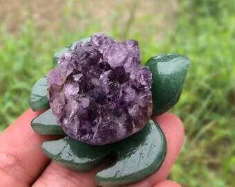 Hand Carved Aventurine Turtle with Amethyst Cluster Shell