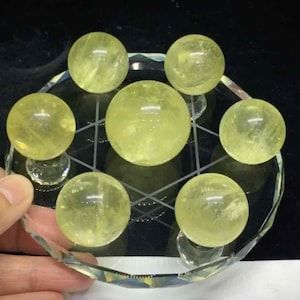 May include: Seven yellow-green crystal spheres arranged on a clear, faceted glass plate. The spheres are of varying sizes, with a larger one at the center. The plate has a geometric design etched into its surface, and is held by a hand.