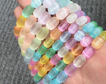 8-10mm Selenite Barrel Bracelet, Natural White Crystal Healing Bead Bracelet, Spiritual Meditation Reiki Gift