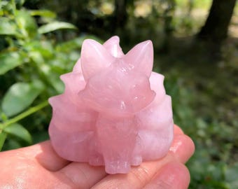 Rose Quartz Nine Tailed Fox Crystal Carving, Natural Hand Crafted