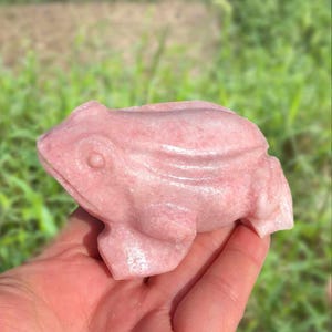 Puede incluir: Una escultura de rana de piedra rosa. La rana está tallada con detalles, incluyendo ojos, boca y piel texturizada. La escultura se sostiene en una mano sobre un fondo verde borroso.