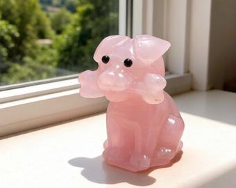 Natural Rose Quartz Dog Figurine | Hand Carved Puppy Holding Bone, Calming Energy